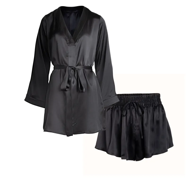 lola silk shirt dress and short set in noire sold by Je Mérite