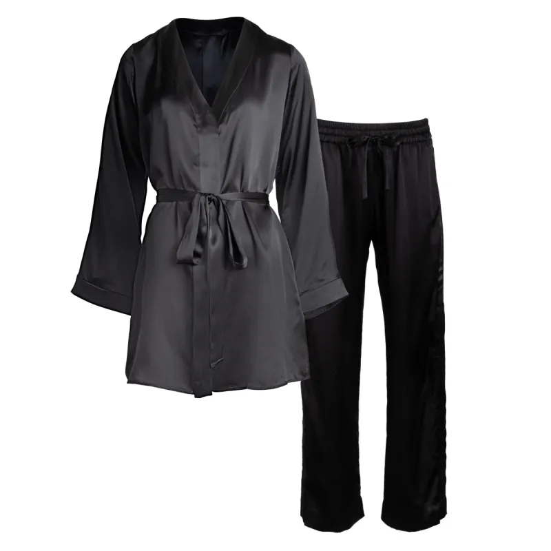 lola cropped silk sleep shirt and tuxedo bermuda short in noire sold by Je Mérite