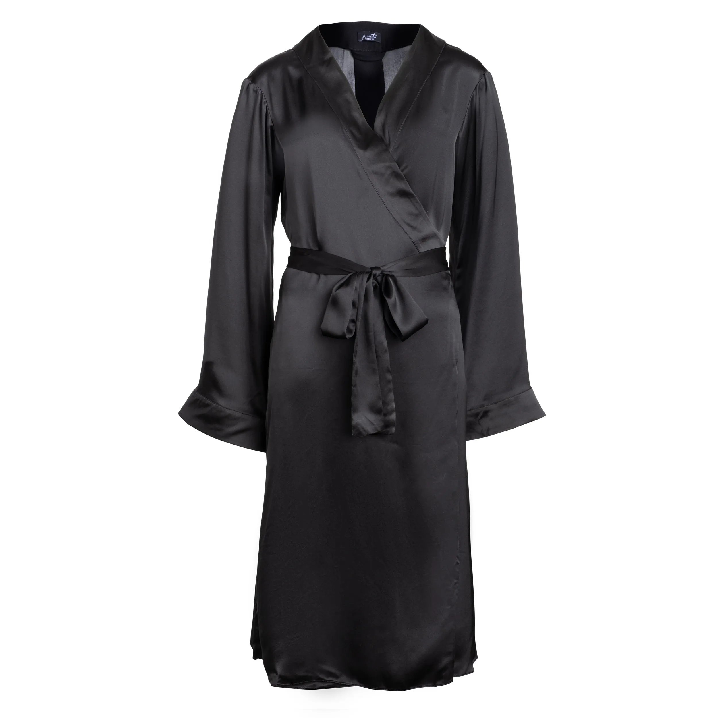 lola silk wrap robe in noire sold by Je Mérite