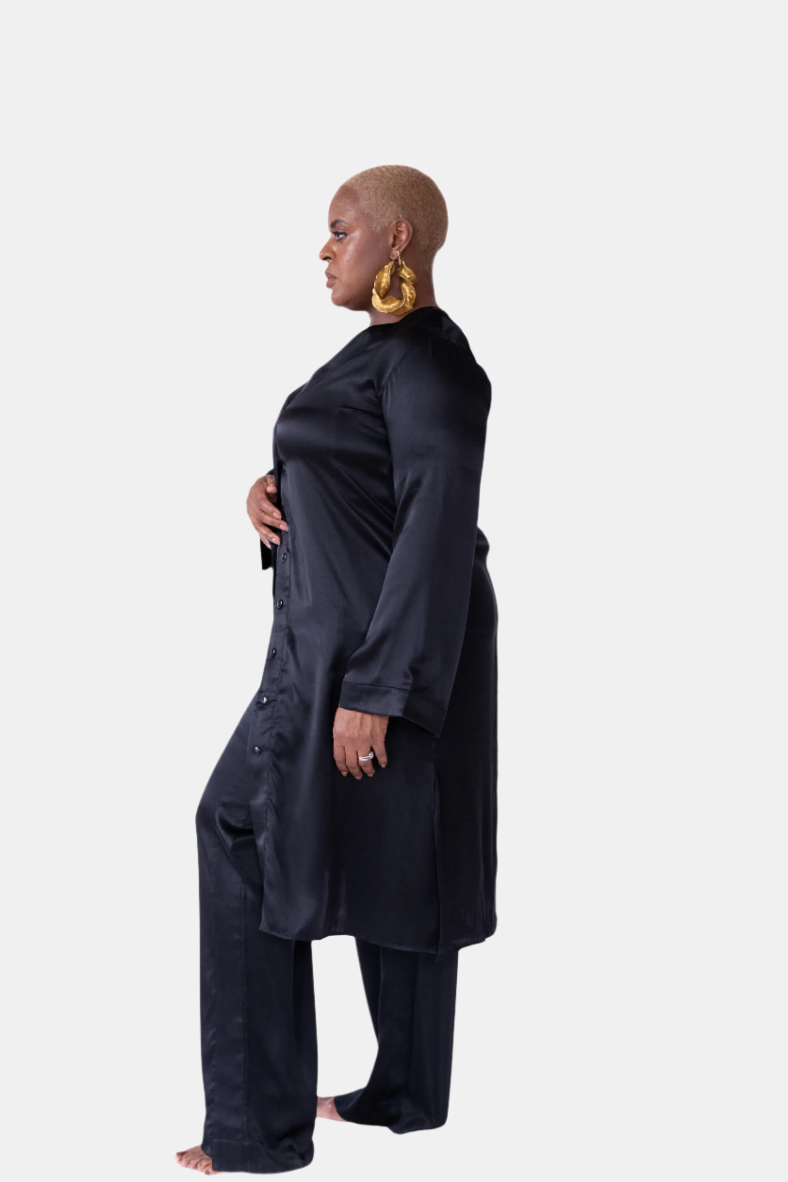 lola silk nightdress & tuxedo pant set in noire sold by Je Mérite product image thumbnail 3