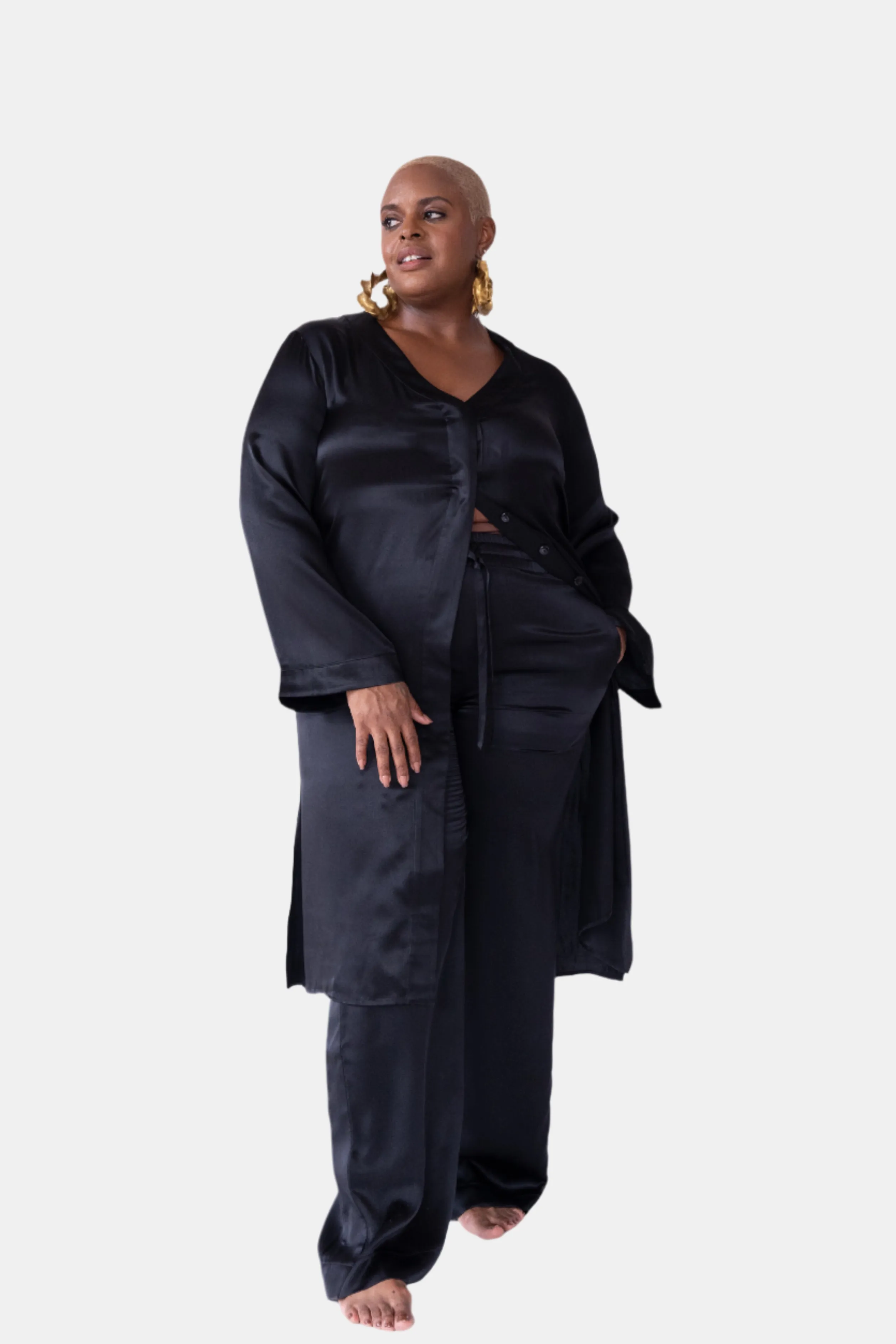 lola silk nightdress & tuxedo pant set in noire sold by Je Mérite