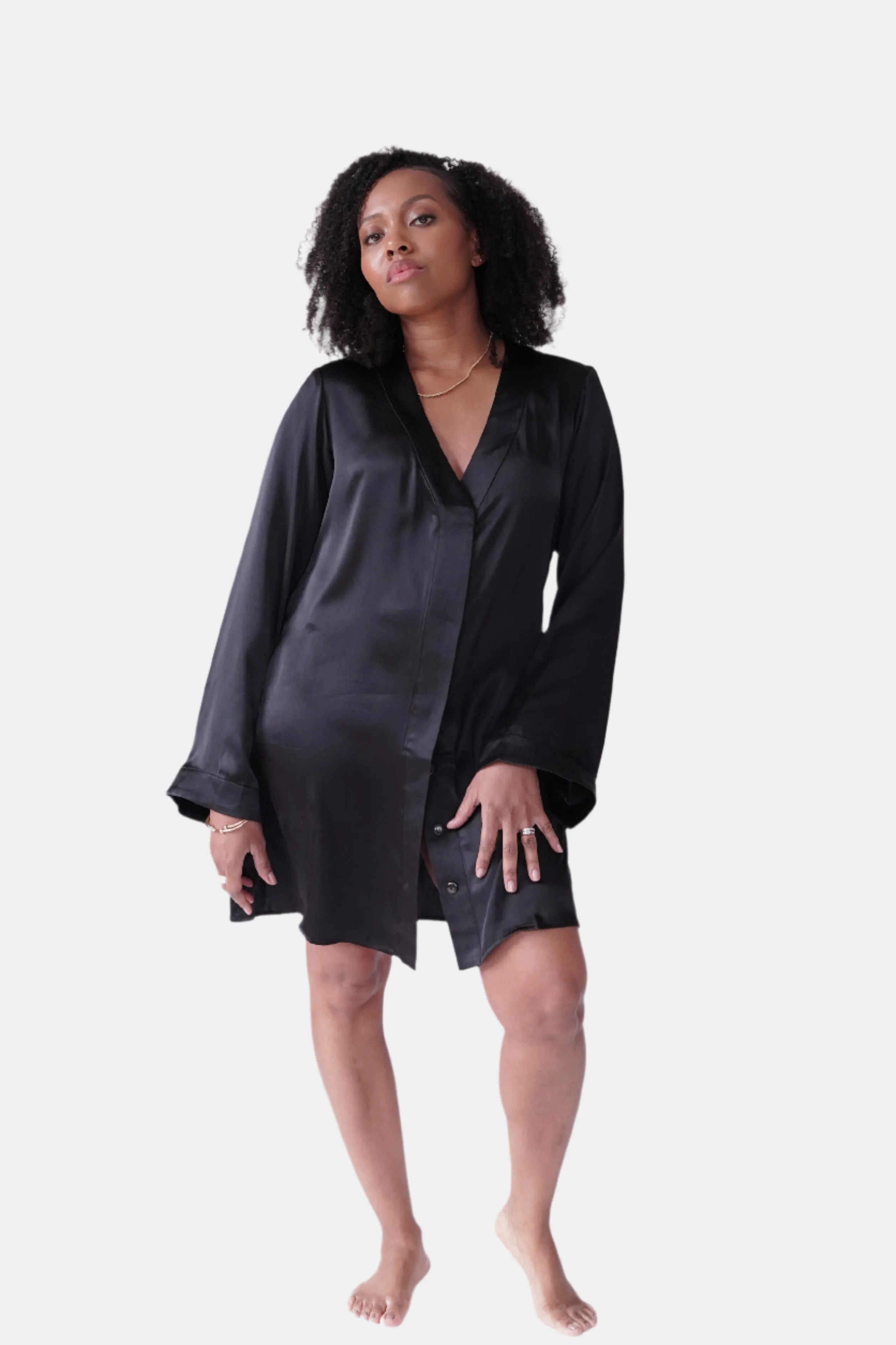 lola silk shirt dress in noire sold by Je Mérite