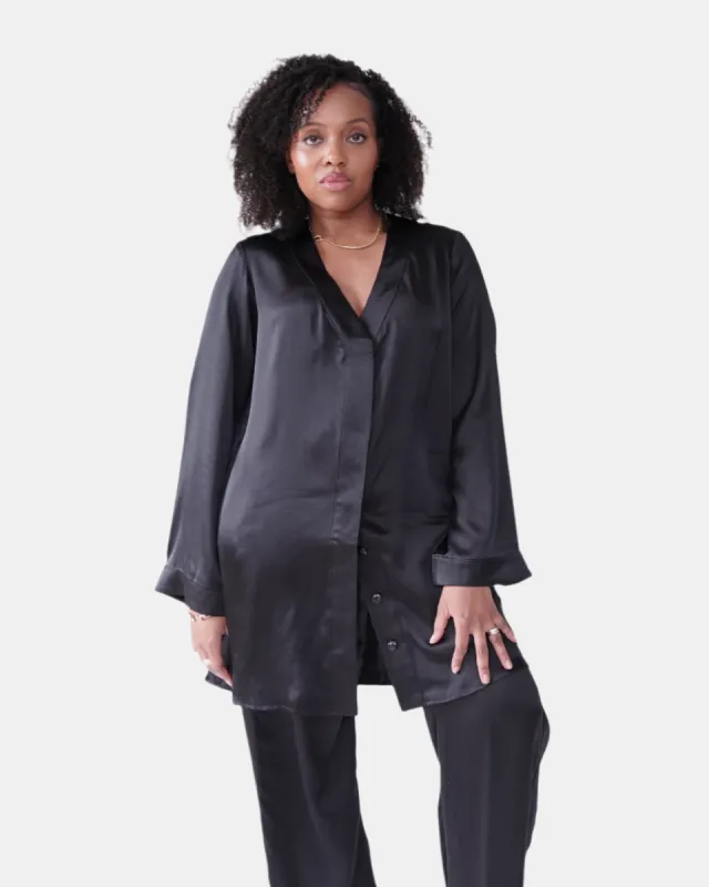 LOLA SILK SHIRT DRESS & TUXEDO PANT IN NOIRE sold by Je Mérite