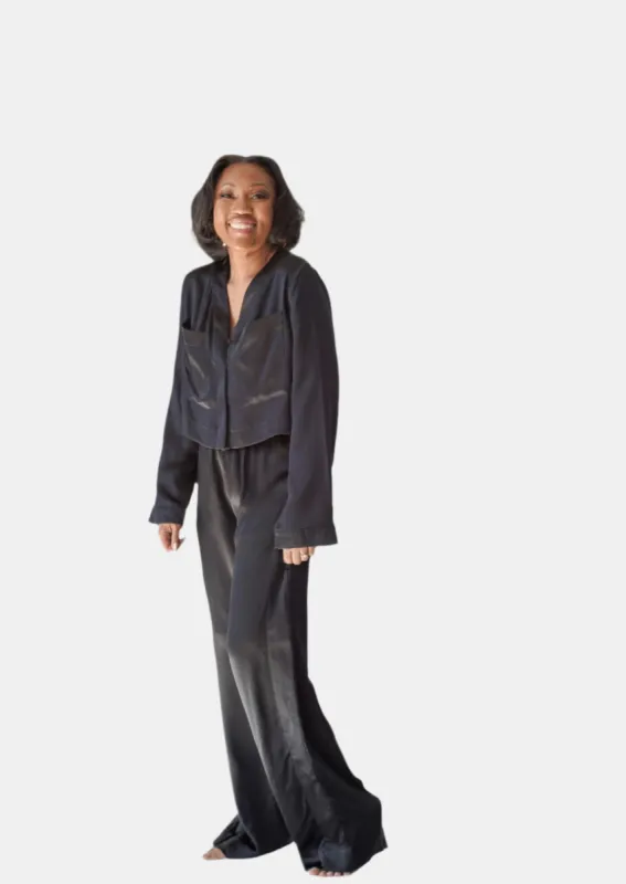 LOLA SILK CROPPED SHIRT DRESS & TUXEDO PANT IN NOIRE sold by Je Mérite