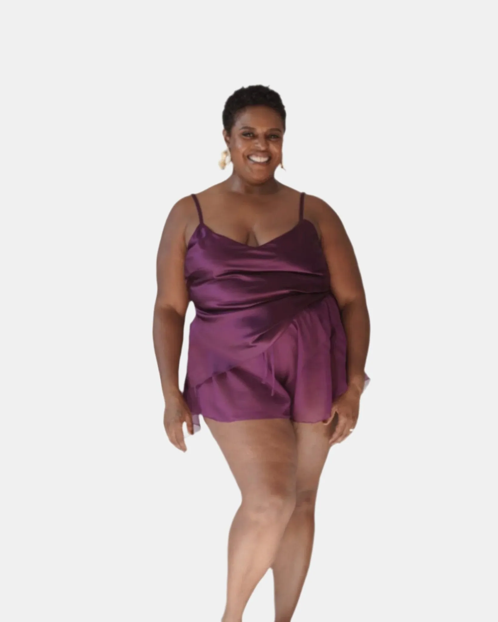 lola silk camisole & donna silk chiffon short in aubergine sold by Je Mérite