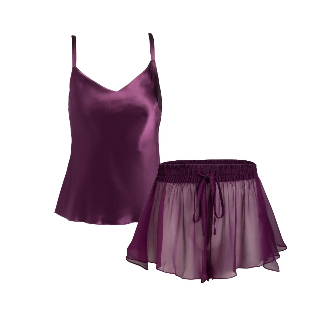 lola silk camisole & donna silk chiffon short in aubergine sold by Je Mérite product image thumbnail 2