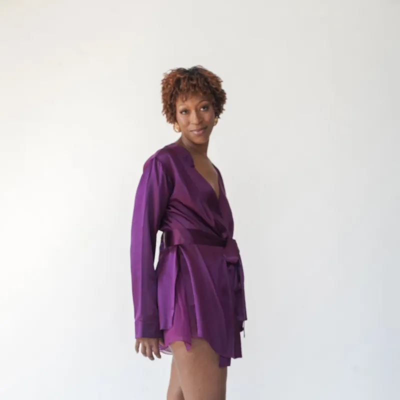 lola silk short robe & donna silk chiffon short in aubergine sold by Je Mérite