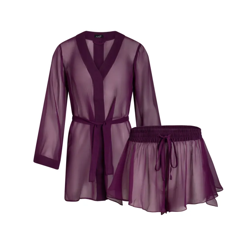 donna silk chiffon shirt dress & tap short in aubergine sold by Je Mérite