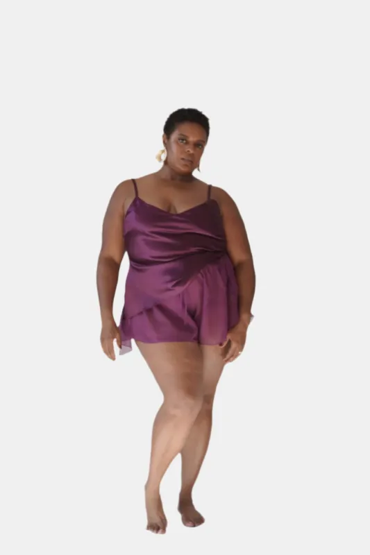 donna silk chiffon short in aubergine sold by Je Mérite