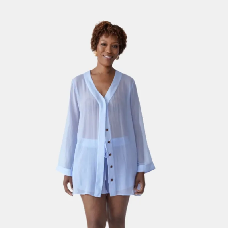 donna silk chiffon shirt dress in periwinkle sold by Je Mérite