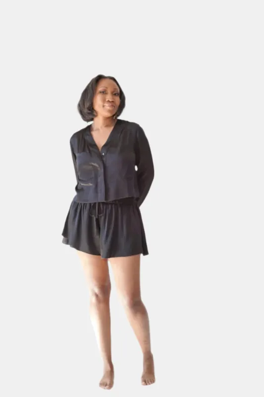 lola cropped silk sleep shirt in noire sold by Je Mérite