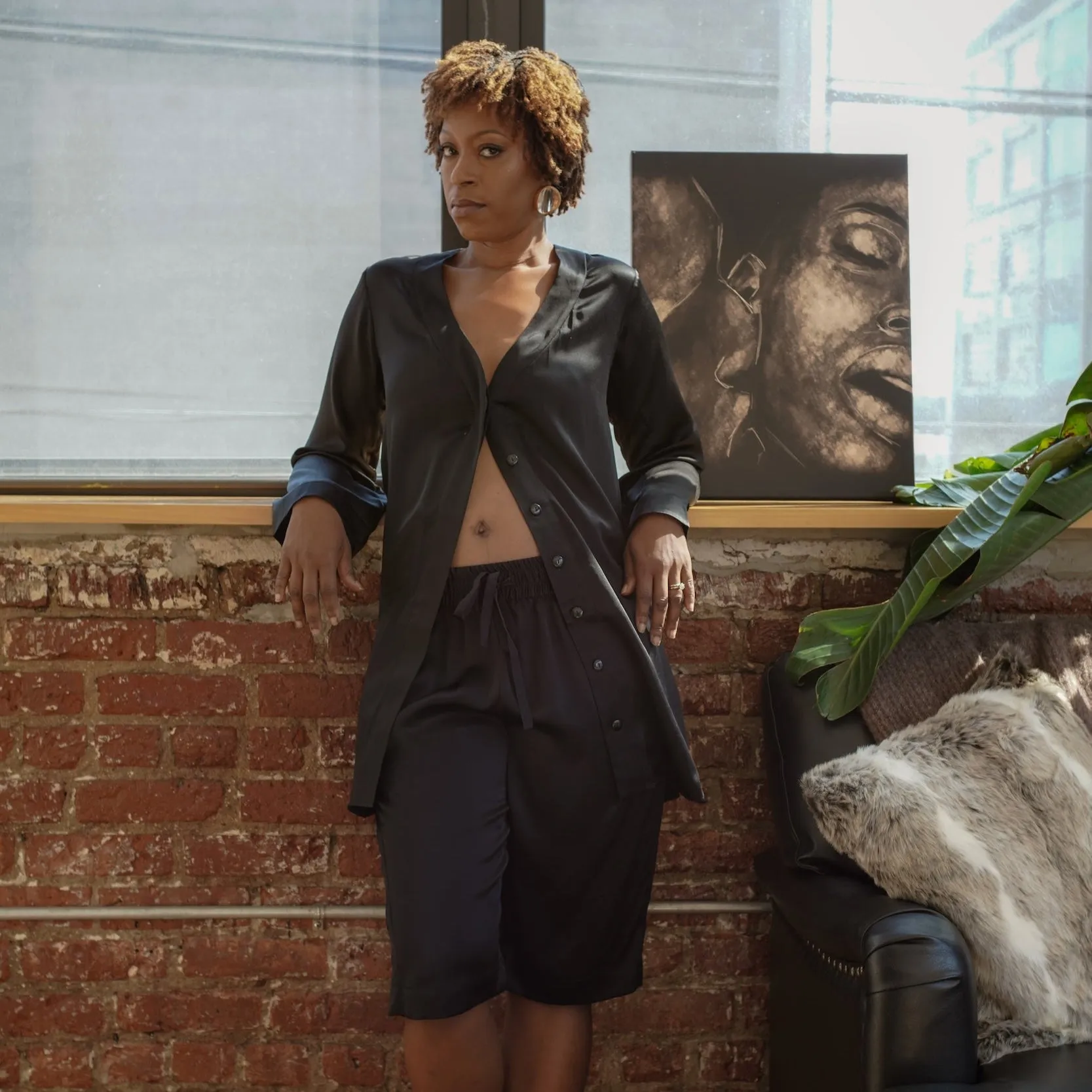 lola silk shirt dress & bermuda short in noire sold by Je Mérite