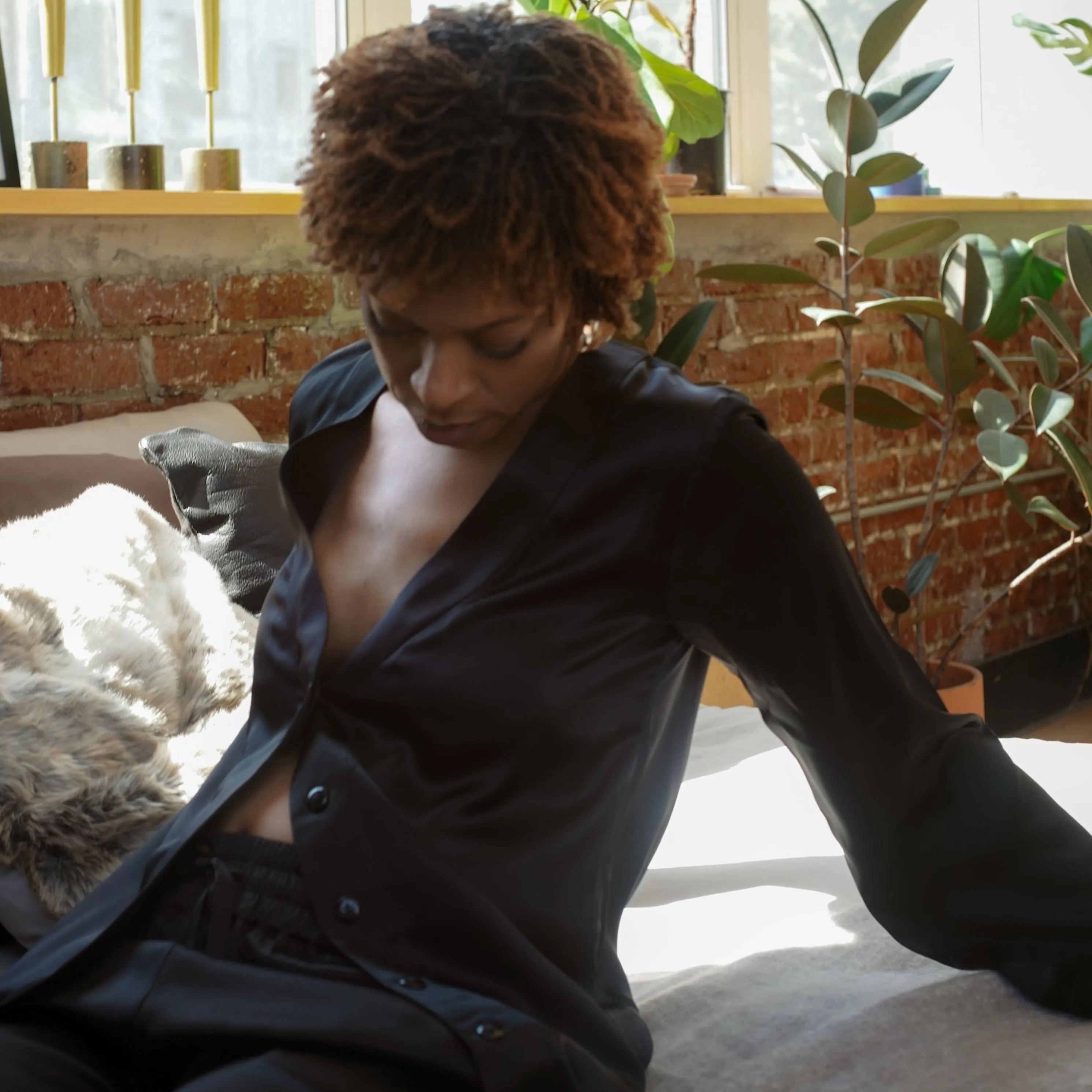 lola silk shirt dress & tuxedo pant in noire sold by Je Mérite