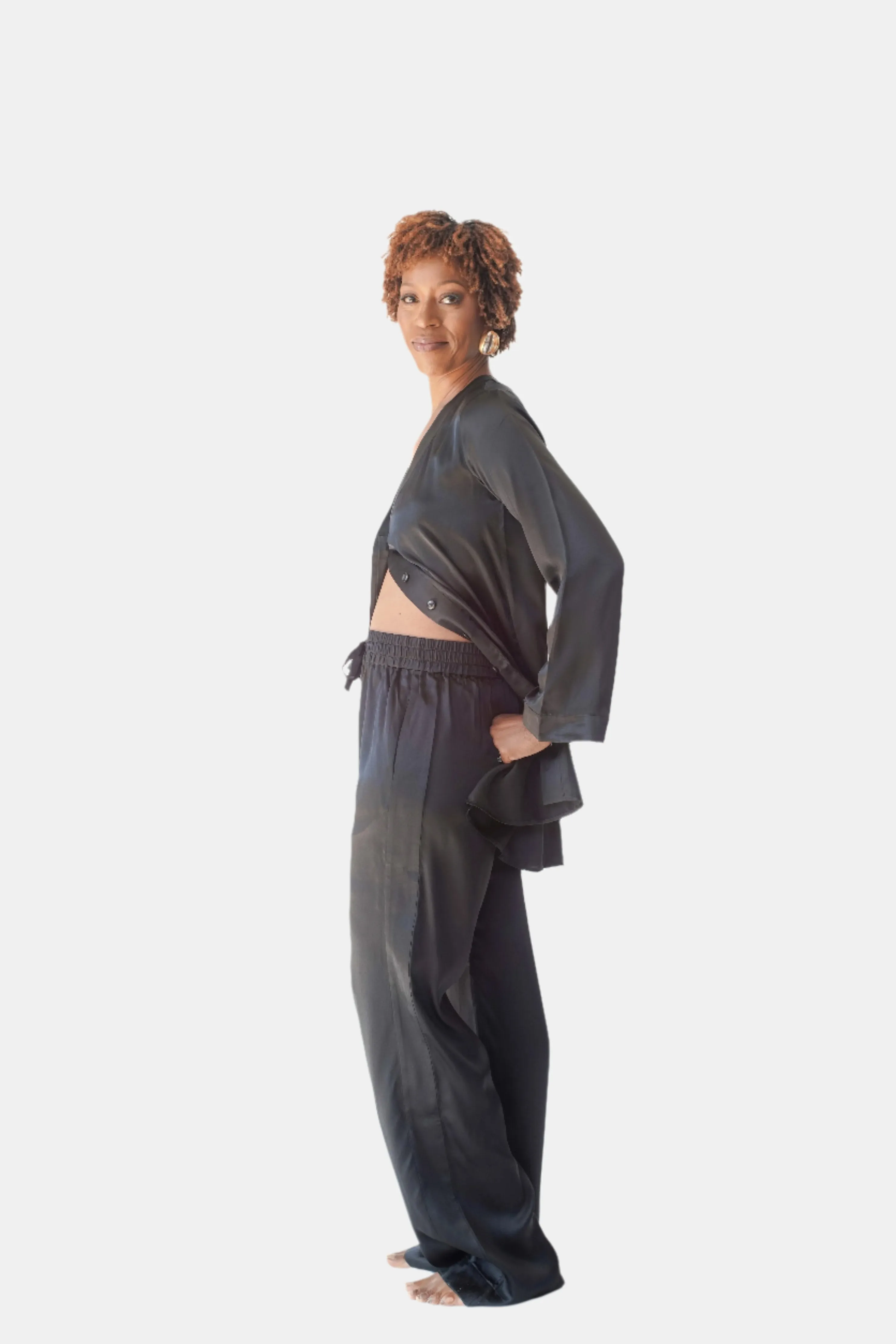 lola silk shirt dress & tuxedo pant in noire sold by Je Mérite product image thumbnail 5