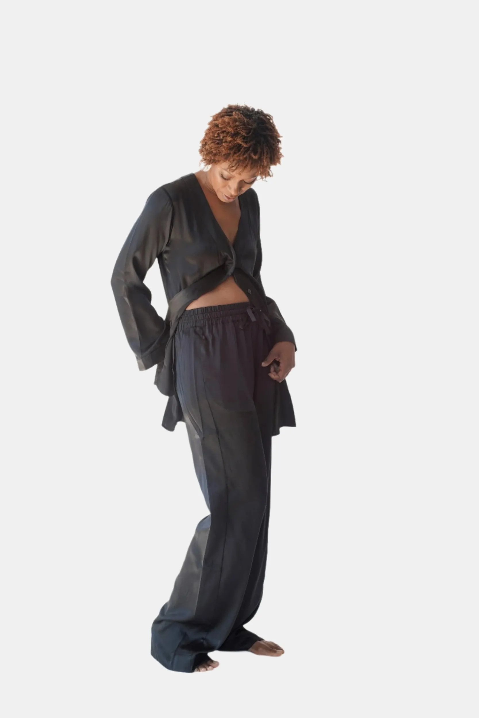 lola silk shirt dress & tuxedo pant in noire sold by Je Mérite product image thumbnail 3