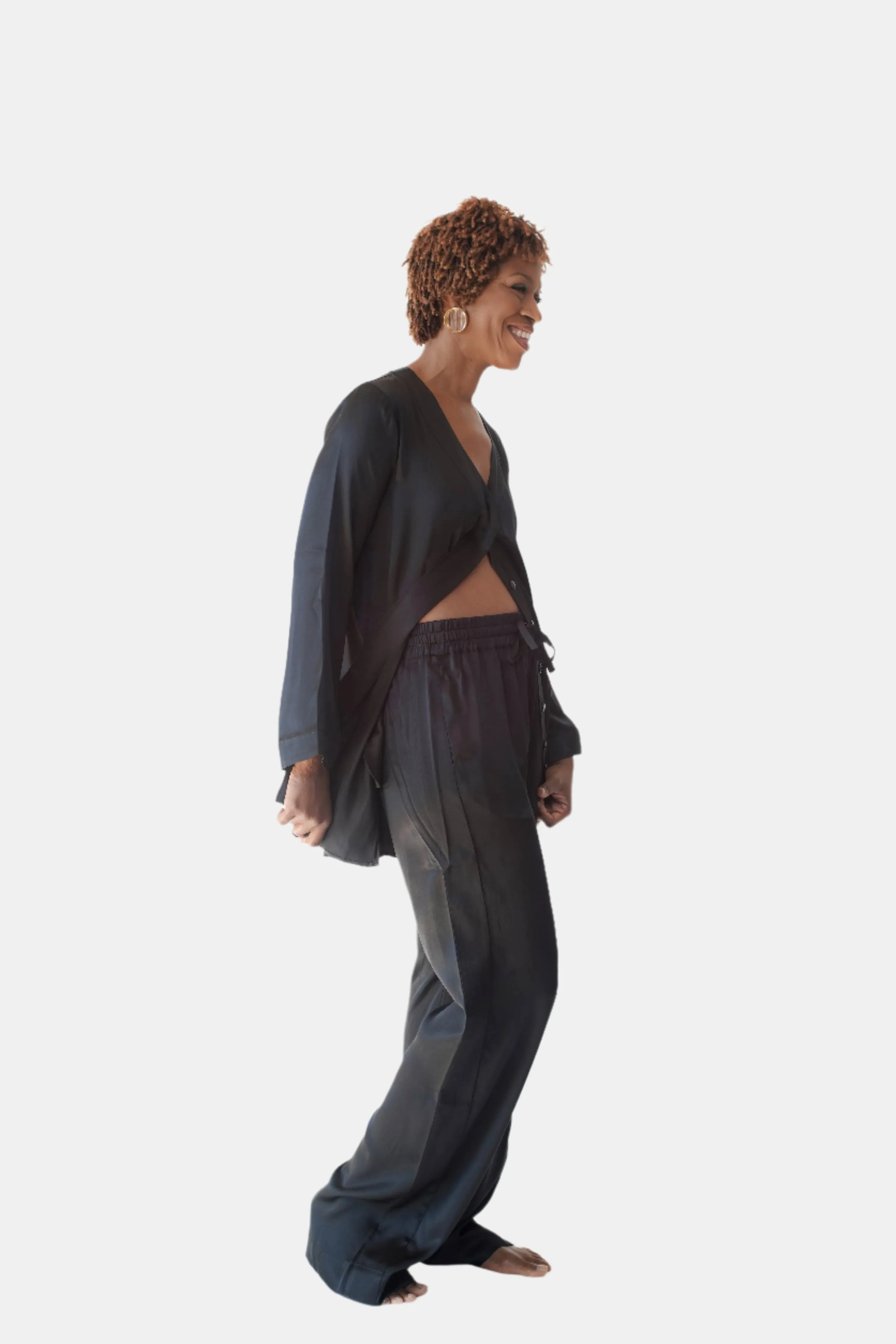 lola silk shirt dress & tuxedo pant in noire sold by Je Mérite product image thumbnail 4