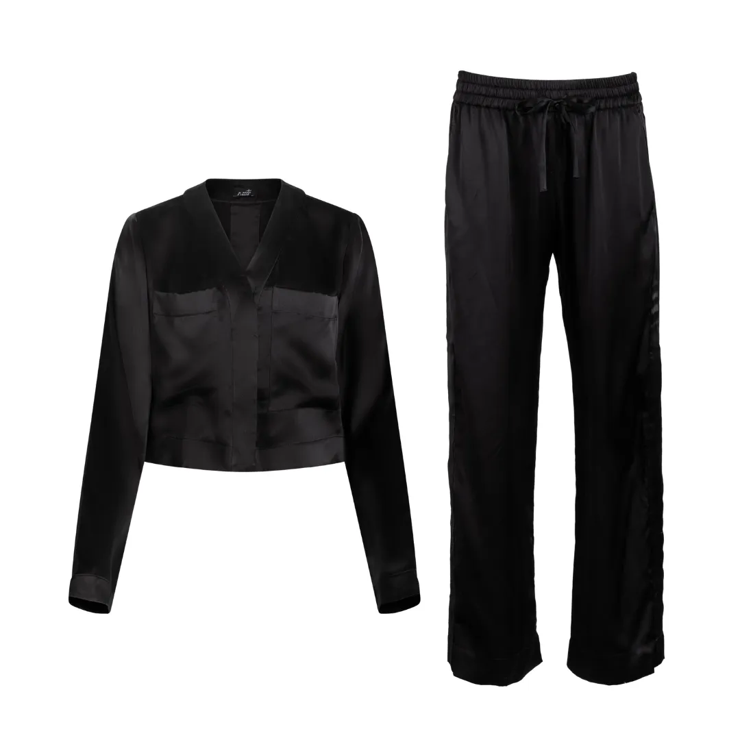 lola silk cropped sleep shirt & tuxedo pant in noire sold by Je Mérite product image thumbnail 2
