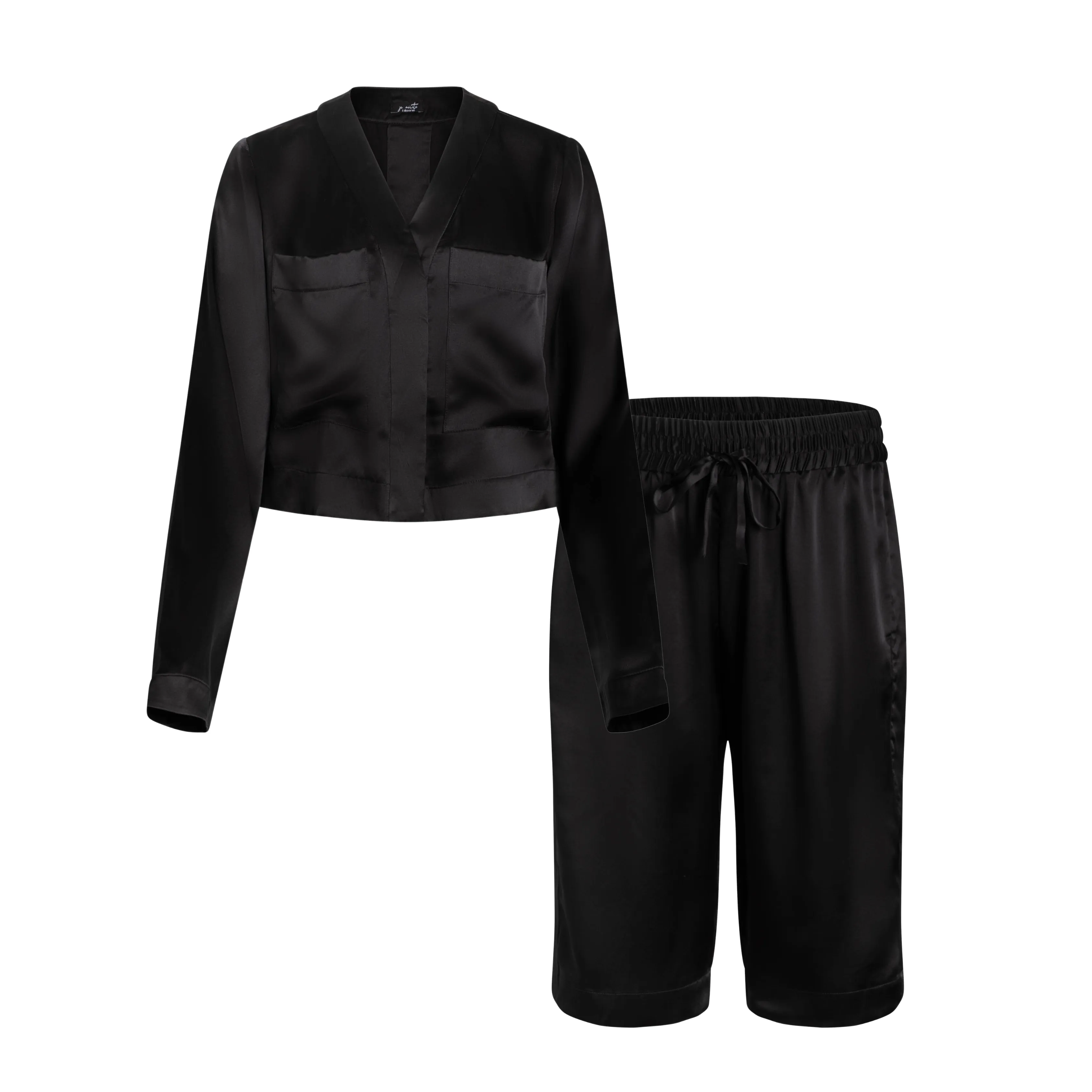 lola cropped silk sleep shirt & bermuda short set in noire sold by Je Mérite product image thumbnail 2