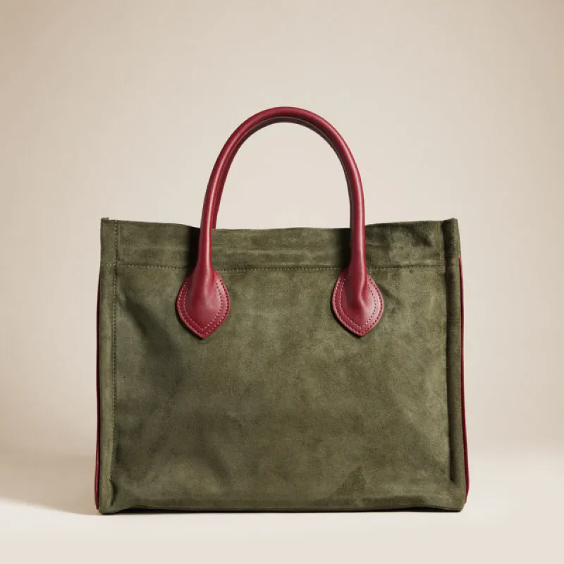 Parker - Suede Olive with Crimson Leather Saddle Handle and Piping sold by Parker Thatch