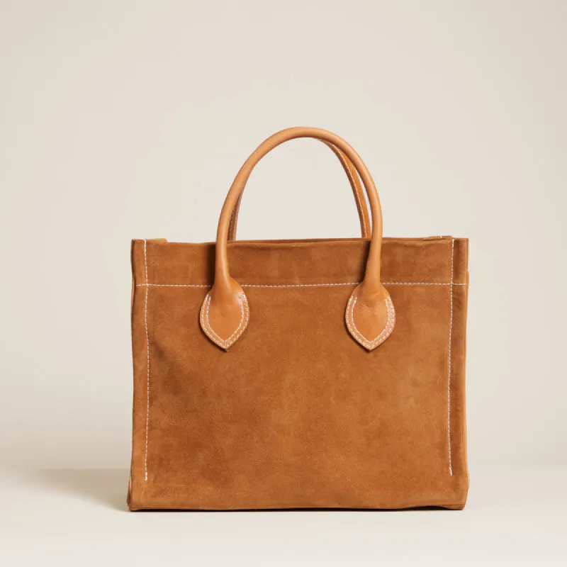 Parker - Suede Caramel with Cognac Leather Saddle Handle and Piping sold by Parker Thatch