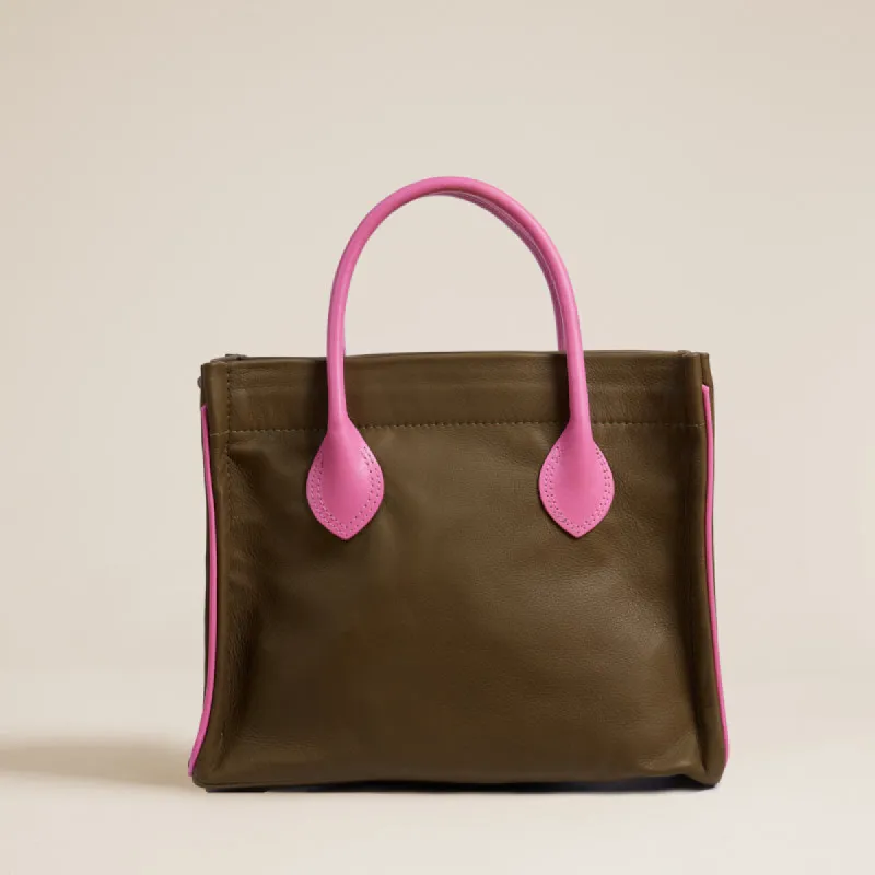 Parker - Olive Leather with Pink Leather Saddle Handle and Piping sold by Parker Thatch