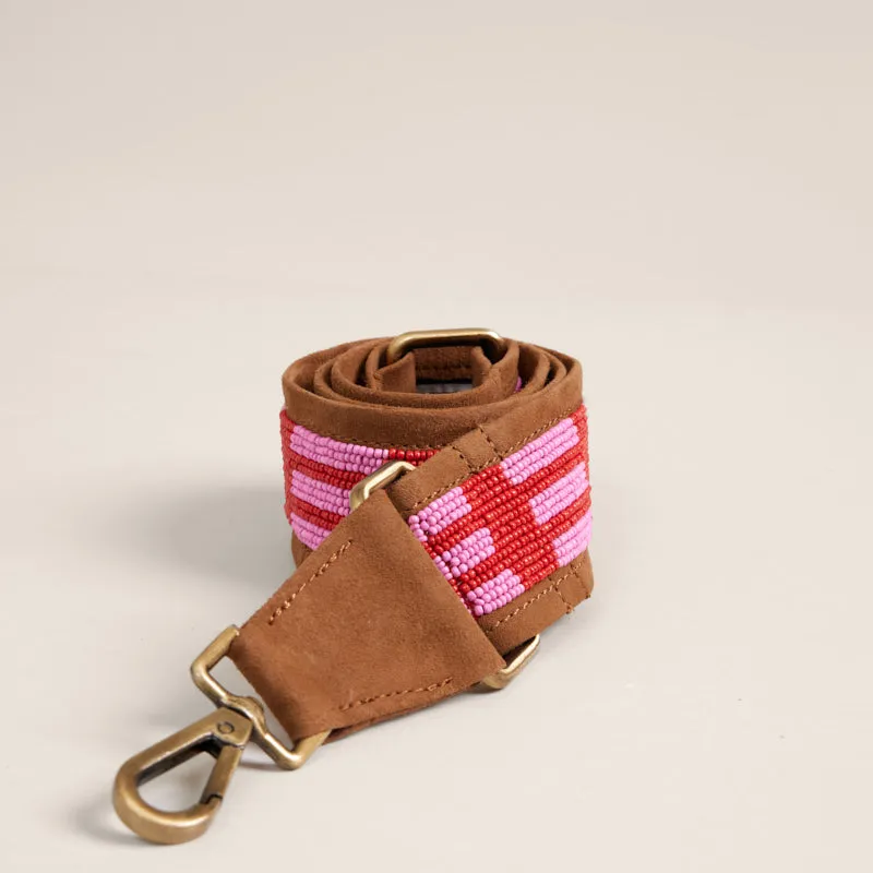 Beaded and Suede Crossbody Strap - Pink & Red Lines sold by Parker Thatch
