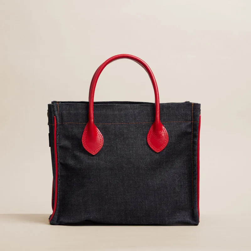 Parker - Denim with Red Leather Saddle Handle and Piping sold by Parker Thatch