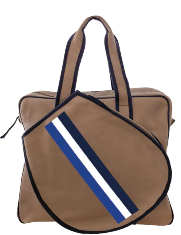 Tennis Bag - Khaki Canvas with Surfer Stripe Blue sold by Parker Thatch