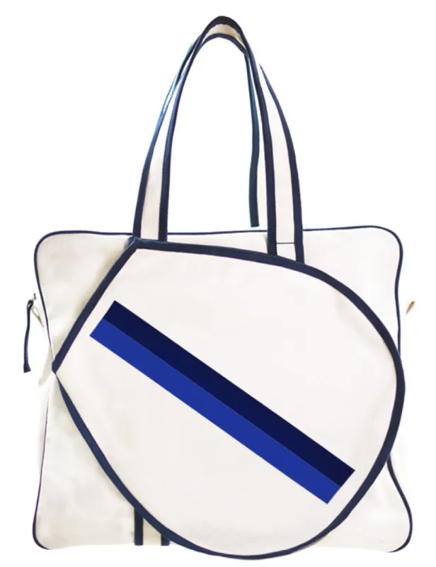 Tennis Bag - Natural Canvas with French Blue and Navy Stripe sold by Parker Thatch