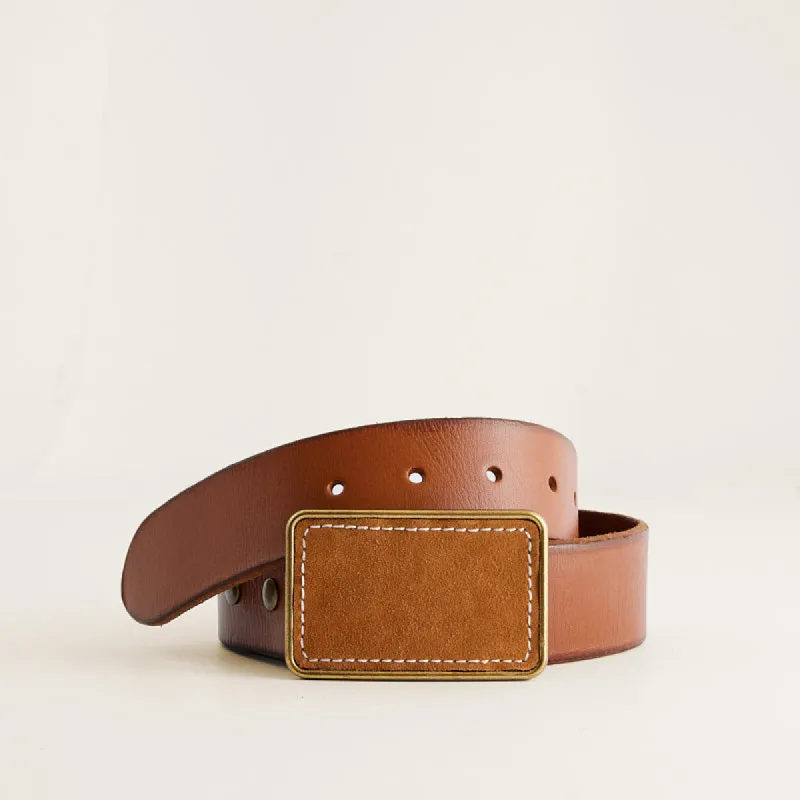 Plaque Buckle Belt - Leather Cognac with Suede Caramel Buckle sold by Parker Thatch