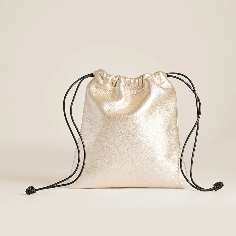 Drawstring Pouch - Leather Metallic Platinum sold by Parker Thatch