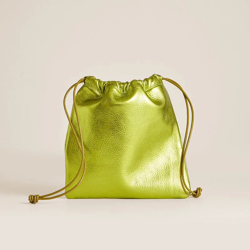Drawstring Pouch - Leather Metallic Lime sold by Parker Thatch
