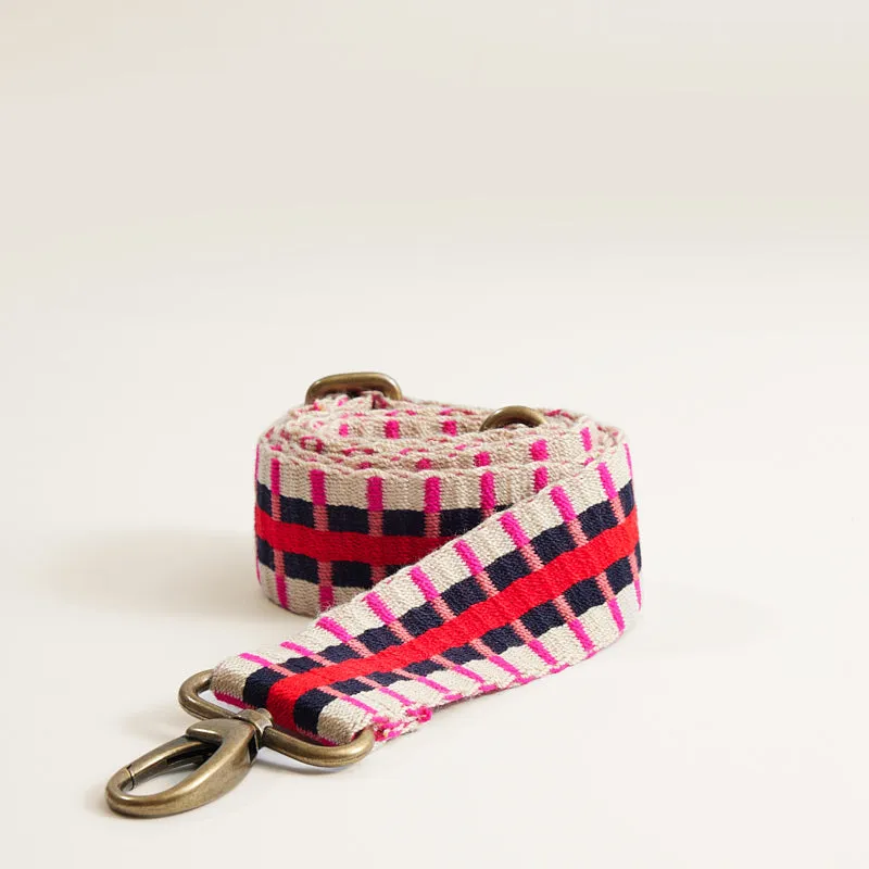 Adjustable Hand-Woven Crossbody Strap - Pink, Red, and Neutral Stripe Pattern sold by Parker Thatch