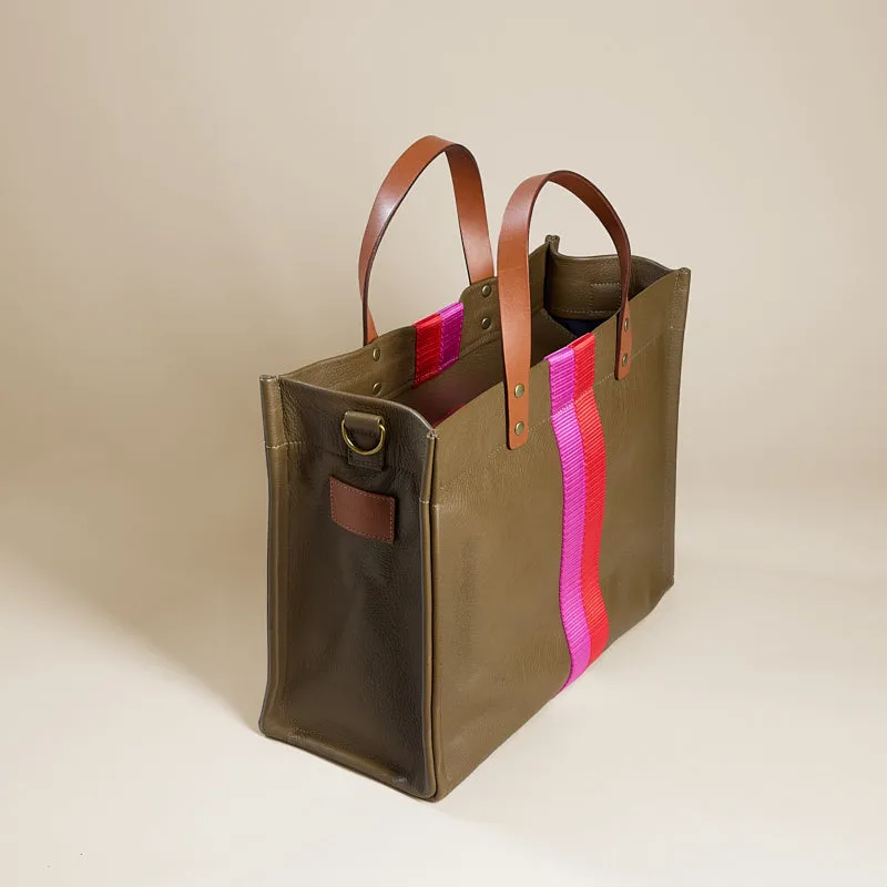Medium Mimi - Leather Olive with Pink & Red Stripe sold by Parker Thatch product image thumbnail 2