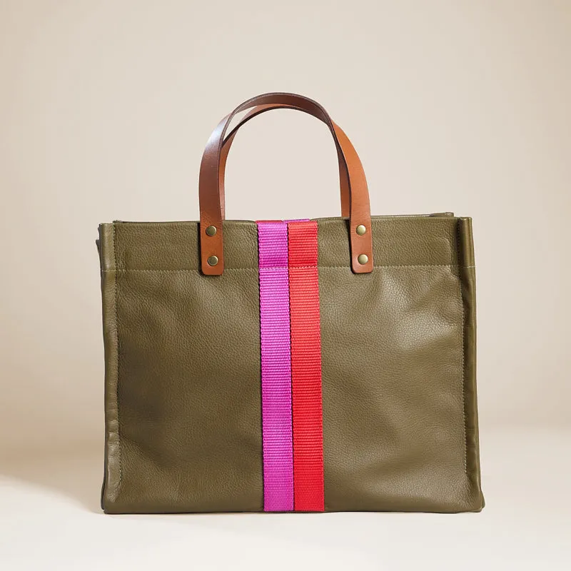 Medium Mimi - Leather Olive with Pink & Red Stripe sold by Parker Thatch