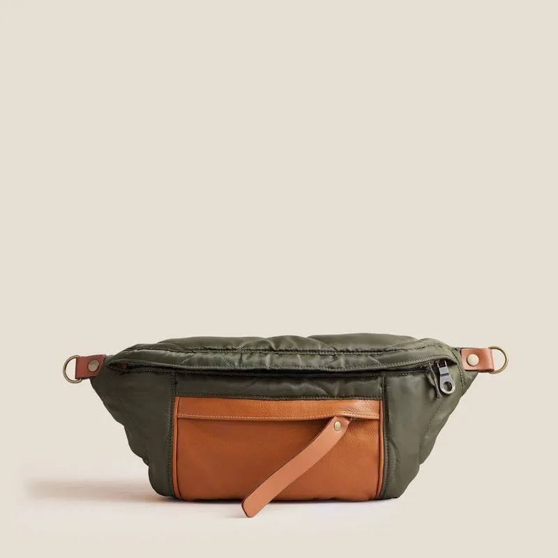 Irene's Favorite Jacket Cross Your Heart Sling - Nylon Olive Quilted & Leather British Tan sold by Parker Thatch