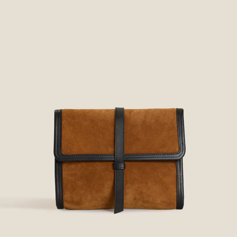 Carolyn Clutch - Suede Caramel with Black sold by Parker Thatch