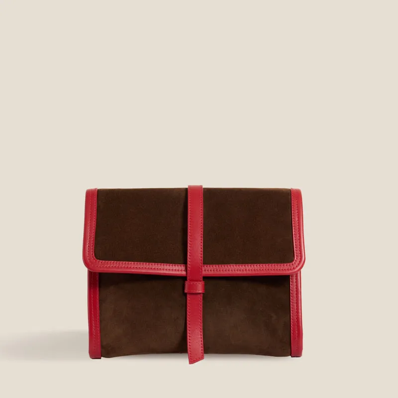 Carolyn Clutch - Suede Espresso with Red sold by Parker Thatch