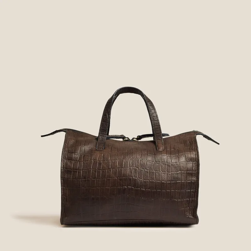 Zoe Satchel - "Broken-In" Leather Croc Chocolate sold by Parker Thatch