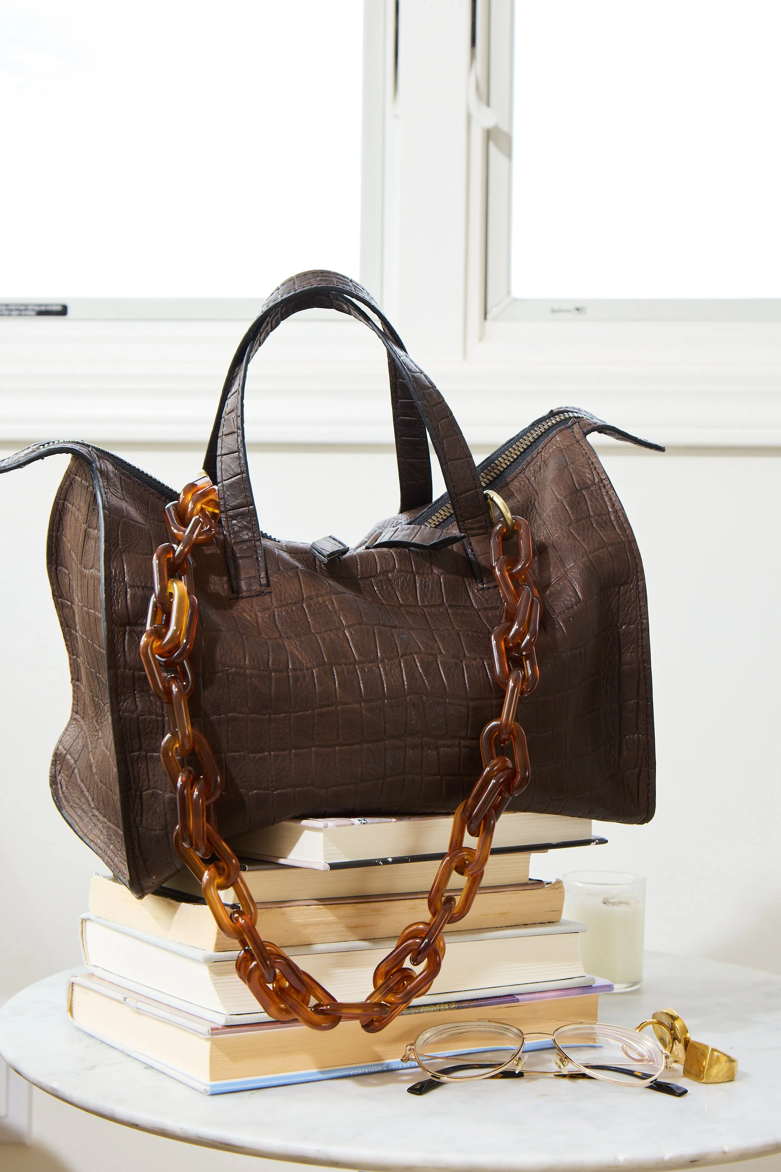 Zoe Satchel - "Broken-In" Leather Croc Chocolate sold by Parker Thatch product image thumbnail 5