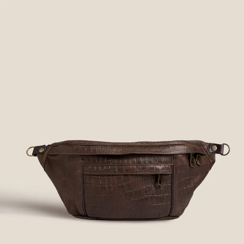 Cross Your Heart Sling - "Broken-In" Leather Croc Chocolate sold by Parker Thatch