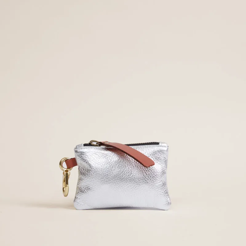 Zip Top Pouch with Keyring - Leather Silver made by Parker Thatch