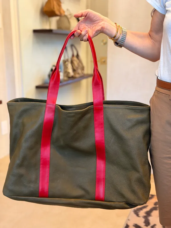 One-of-a-Kind - GIANT Tote Leather Olive with Red made by Parker Thatch