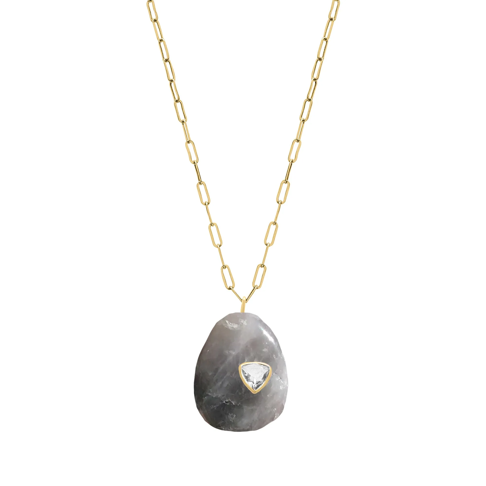 Grey Cat’s Eye Necklace with Trillion Inset sold by The Jewelry Edit