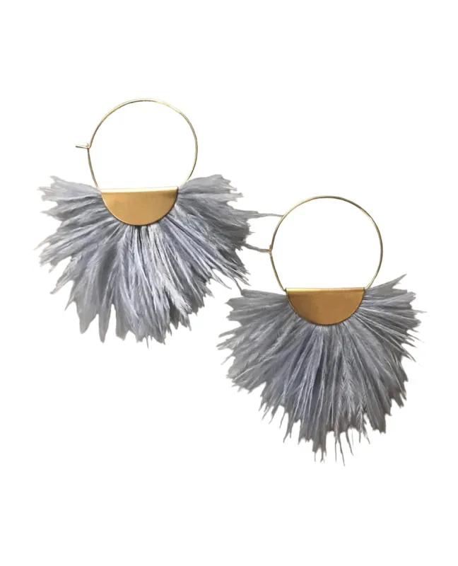 Ostrich Feather Hoop Earrings Grey sold by The Jewelry Edit