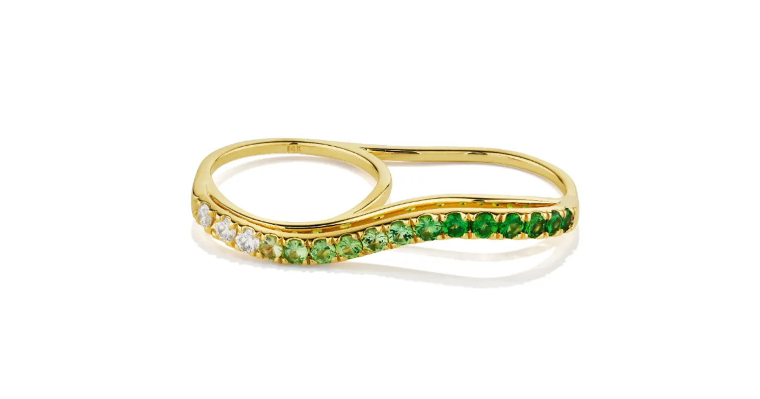 Diamond and Tsavorite Ombre Double Finger Wavy Ring sold by The Jewelry Edit