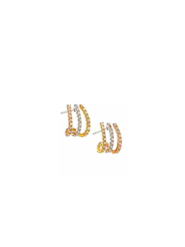 Three Row Tri-Tone Huggie Earrings with Diamond Pave sold by The Jewelry Edit