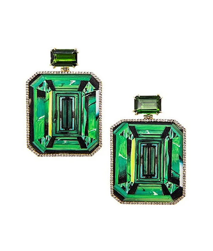 Green Marquetry Earrings With Diamonds and Tourmaline sold by The Jewelry Edit