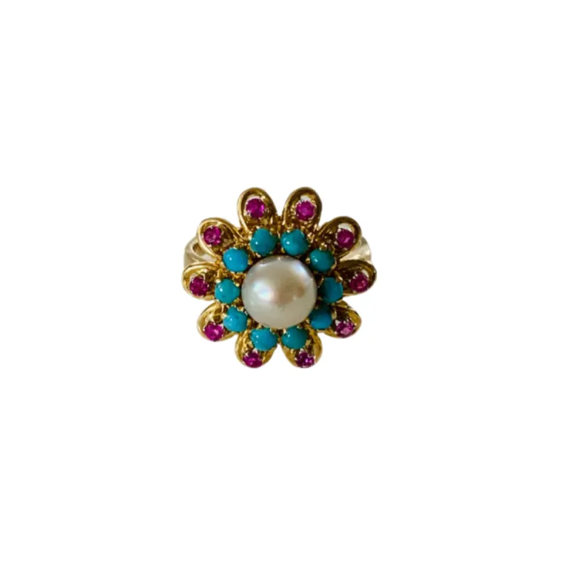 Turquoise and Ruby Floral Gold Cocktail Ring sold by The Jewelry Edit