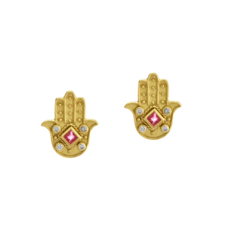 Pink Ruby and Diamond Hamsa Earrings sold by The Jewelry Edit
